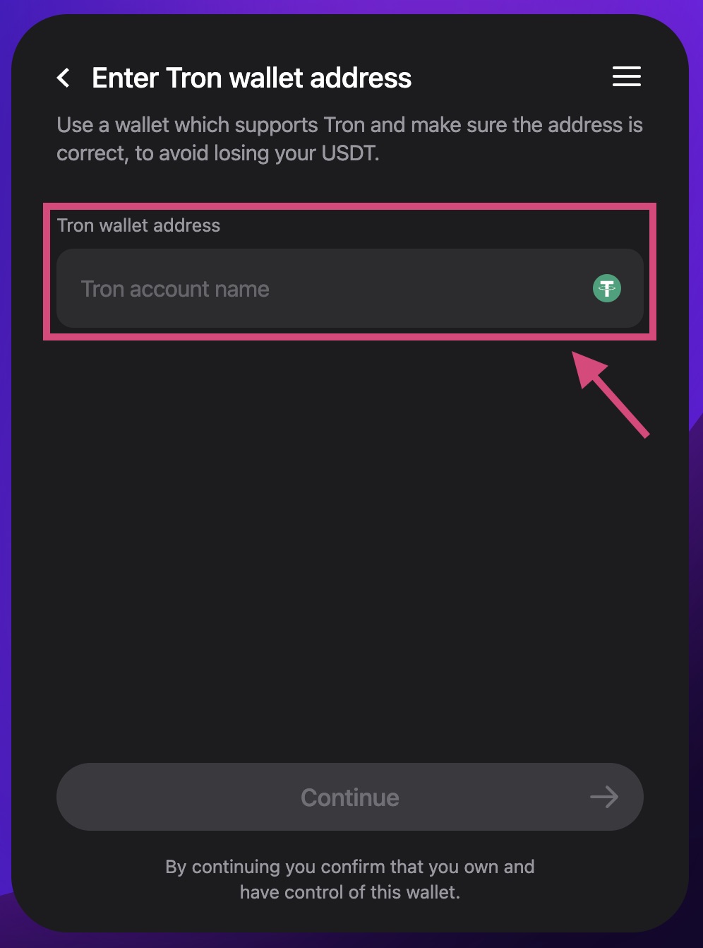 คัดลอกและวางโค้ดต่อไปนี้ในช่อง "Tron wallet address"